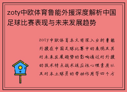 zoty中欧体育鲁能外援深度解析中国足球比赛表现与未来发展趋势