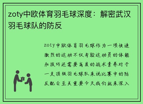 zoty中欧体育羽毛球深度：解密武汉羽毛球队的防反