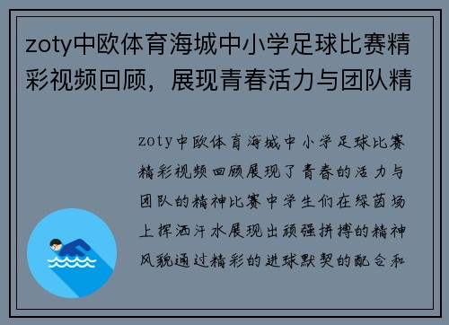 zoty中欧体育海城中小学足球比赛精彩视频回顾，展现青春活力与团队精神
